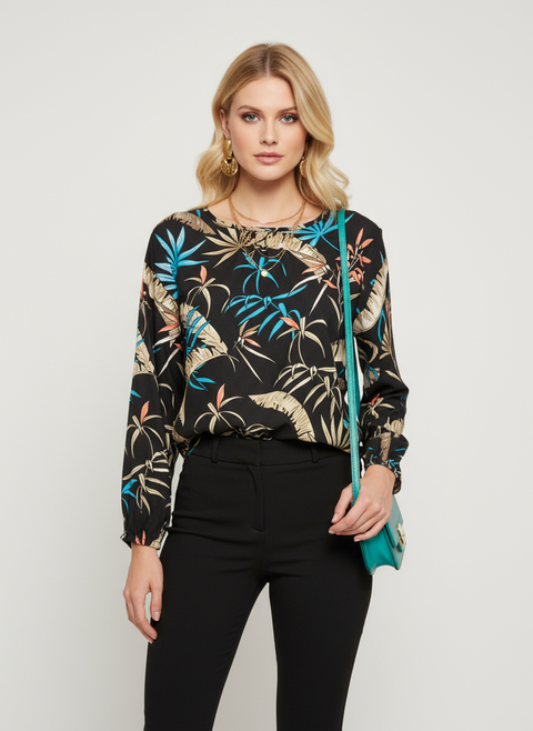 Kolları iplikli çiçek desenli siyah bluz