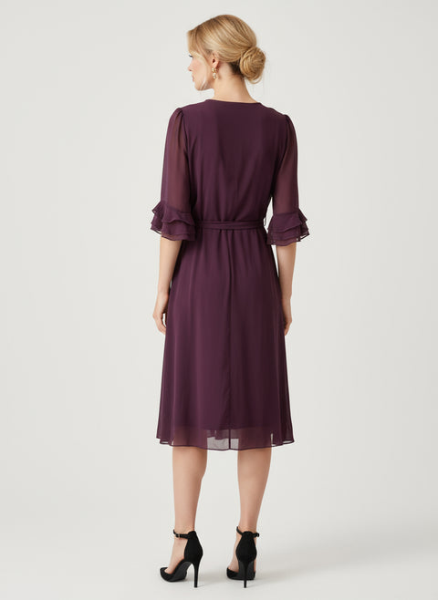 Kolları tüllü mor bağlama detaylı elbise