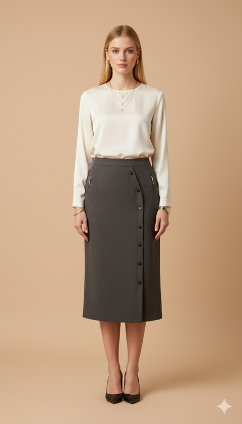 Haki düğme detaylı maksi boy etek