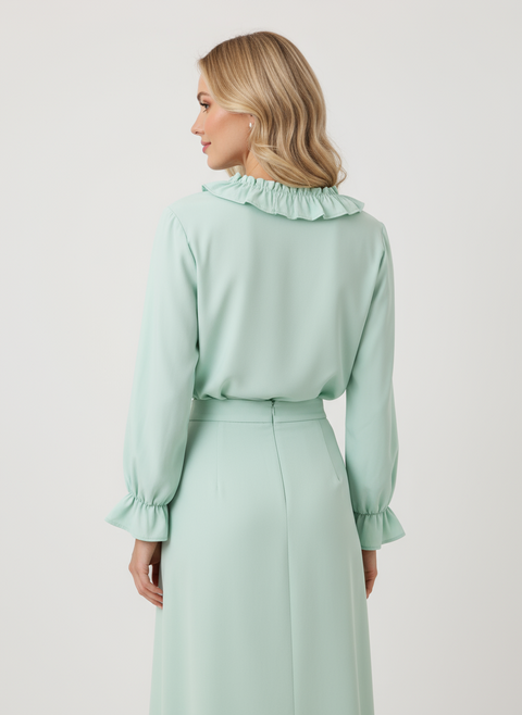 Su yeşili önü fırfır detaylı bluz