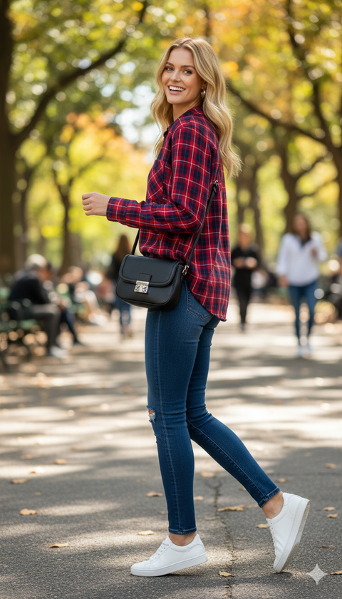 Kırmızı lacivert ekose desen uzun kol gömlek