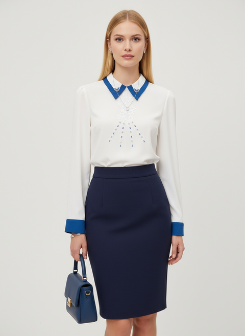 Mavi taş ve dantel detaylı uzun kol bluz