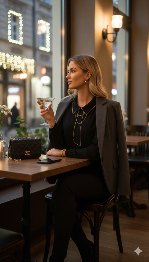 Gold sim detaylı siyah bluz