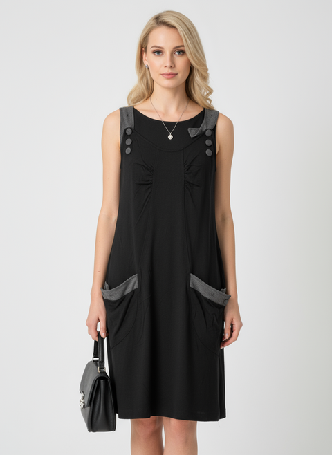 İki cepli siyah kalın askılı elbise