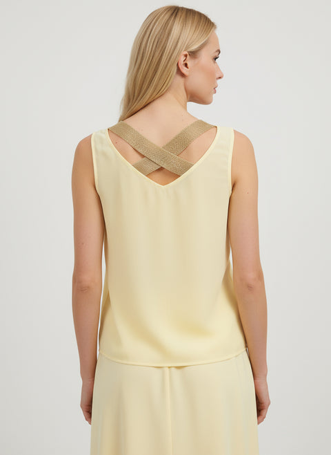 Arkası çapraz gold detaylı sarı sıfır kol bluz