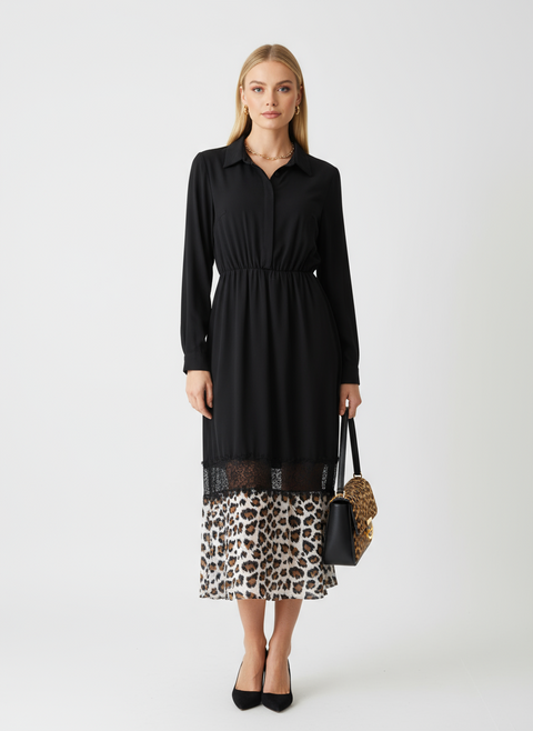 ucu leopar detaylı siyah elbise