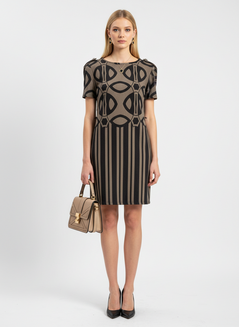 Haki siyah geometrik desen elbise