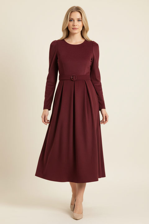 kemerli bordo kadife elbise