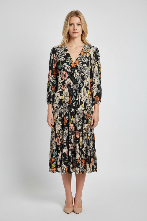 Kruvaze yaka renkli çiçekli elbise