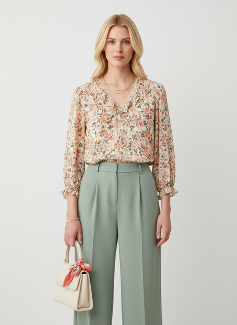 Çiçekli desenli önü fırfır detaylı bluz