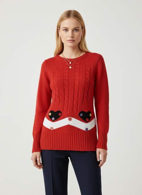 Kırmızı kalp ve düğme detaylı kazak