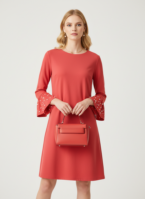 kolları inci detaylı kırmızı elbise