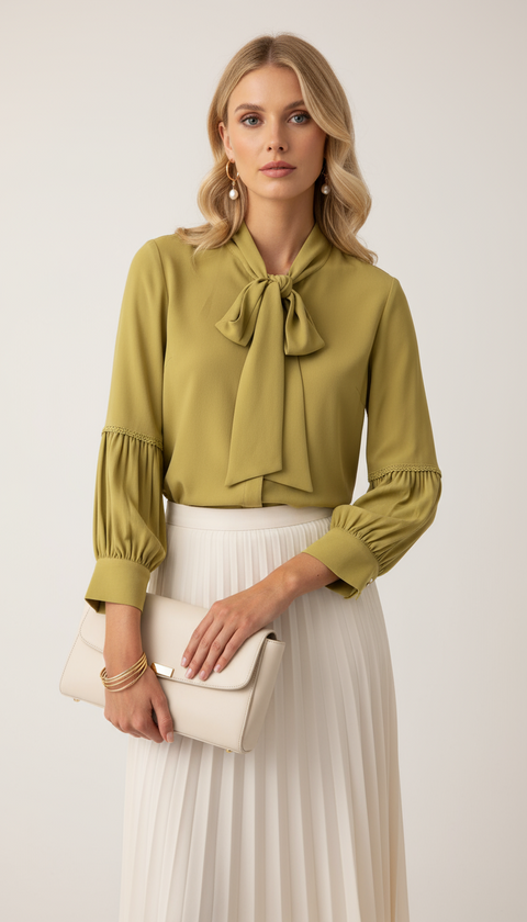 Yakası fular detaylı dirsek altı drape detaylı yağ yeşili gömlek