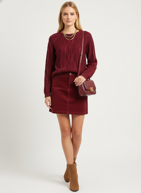 Bordo örgü detaylı kazak