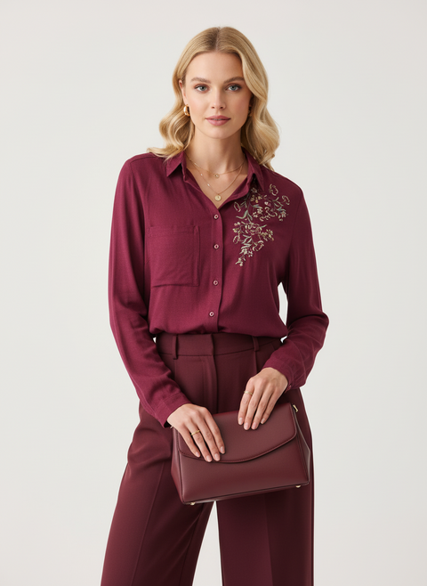 Bordo nakış detaylı tek cepli gömlek