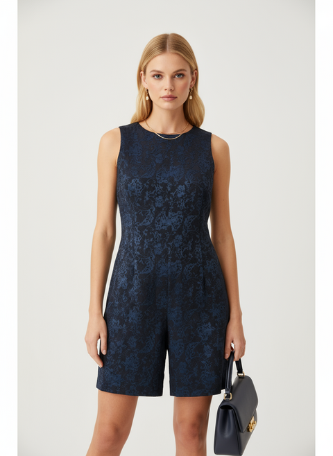 kabartma çiçek desenli lacivert siyah karışımlı elbise