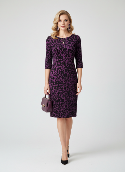 siyah çiçek desenli mor elbise