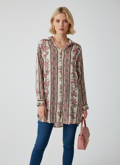 Pembe çiçek desenli gömlek