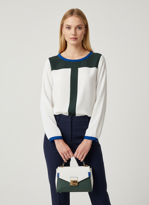 Saks mavisi ve siyah geçişli uzun kol bluz