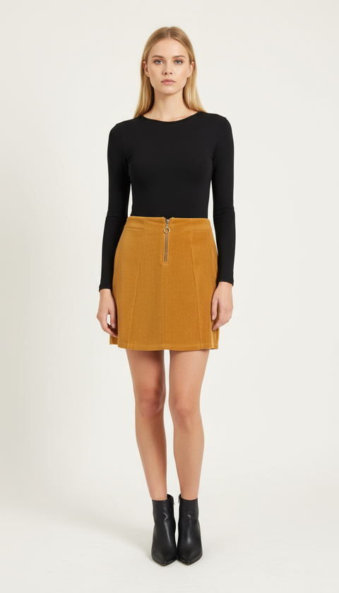 Kadife fitilli camel etek