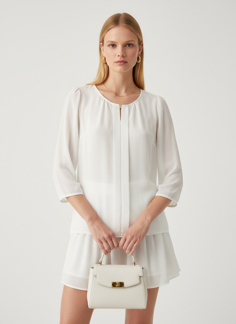 metal detaylı önü şeritli truvakar kol beyaz bluz
