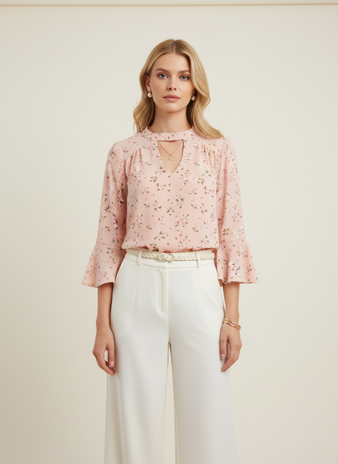 çiçek desenli pembe truvakar kol bluz
