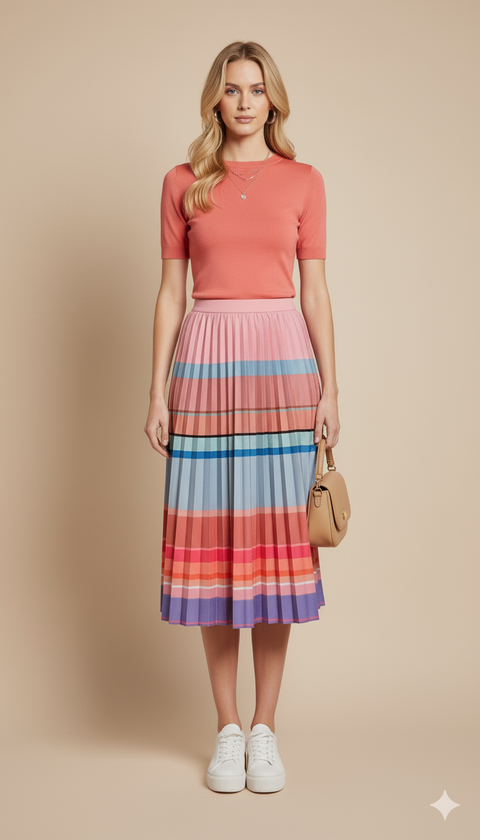 Yan renk geçişli çok renkli beli lastikli maxi etek