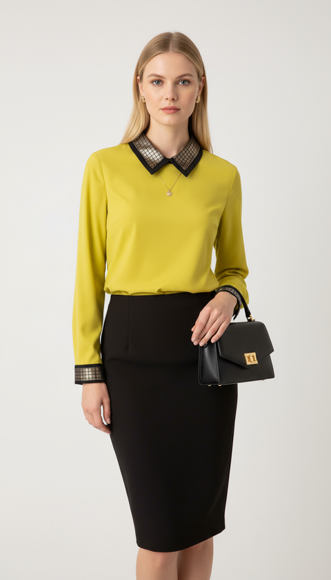 Yakası ve kol uçları deri detaylı yağ yeşili bluz