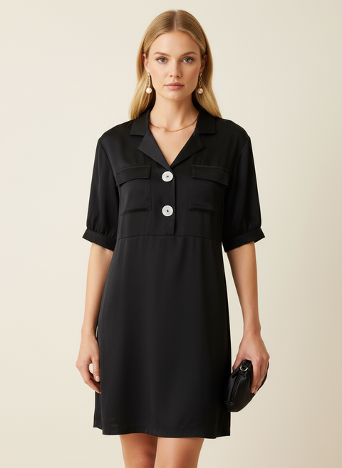 düğme detaylı siyah elbise