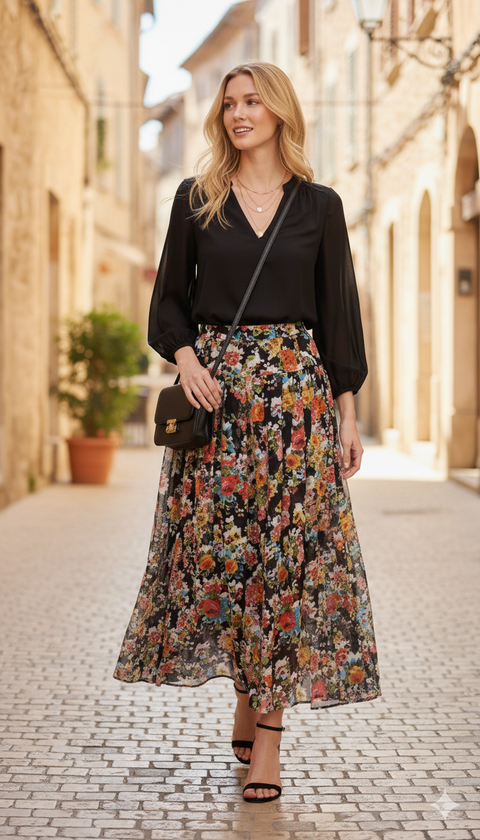 Siyah üzerine renkli çiçek detaylı yan fermuarlı kalın pileli içi astarlı maxi şifon etek