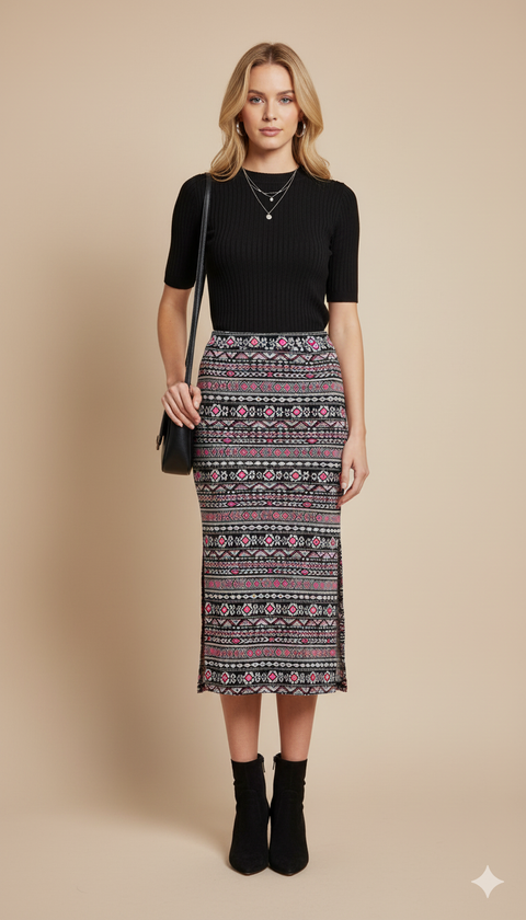 Siyah üzerine etnik neon pembe desenli iki yanı yırtmaçlı maxi kalem etek