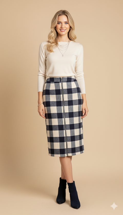 Lacivert kareli önü fermuarlı midi boy etek