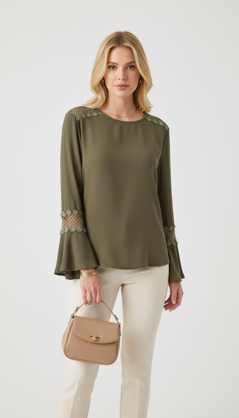 Omuzları ve bilekleri dantel detaylı Haki bluz