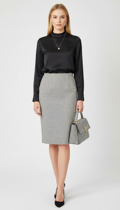 Kare desenli midi boy kalem etek