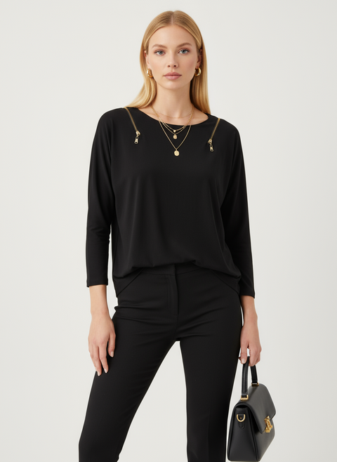 Siyah fermuar detaylı bluz