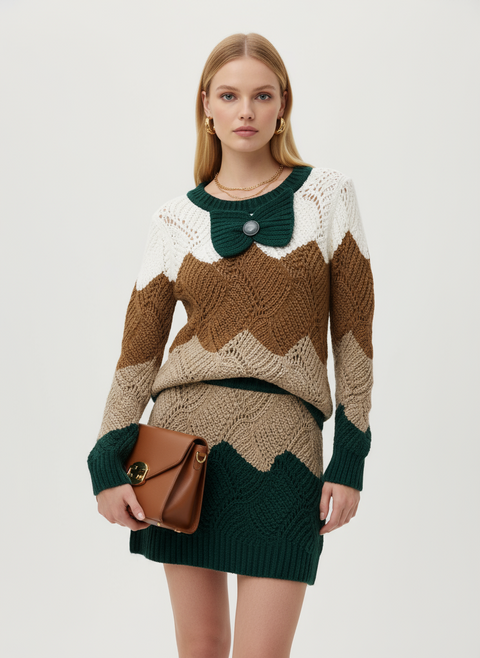 Yeşil Kurdele detay yakalı çizgili kazak