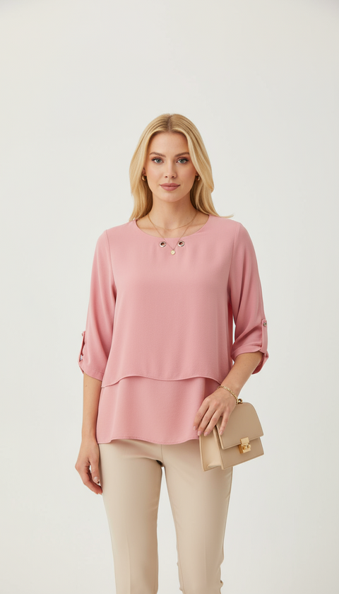 Yakası metal detaylı iki kat truvakar kol pembe bluz