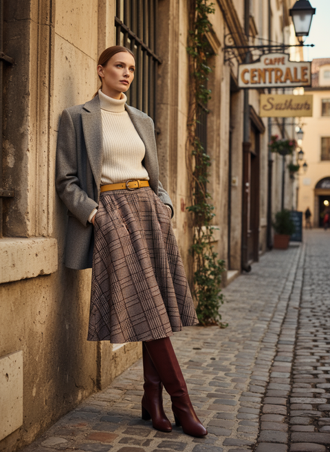 Kahverengi ekose detaylı pileli etek