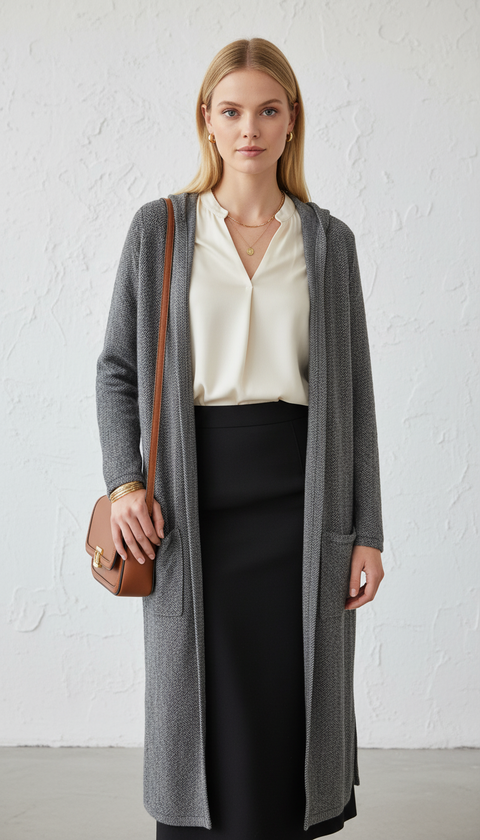 Yanları yırtmaç detaylı siyah beyaz kapüşonlu hırka