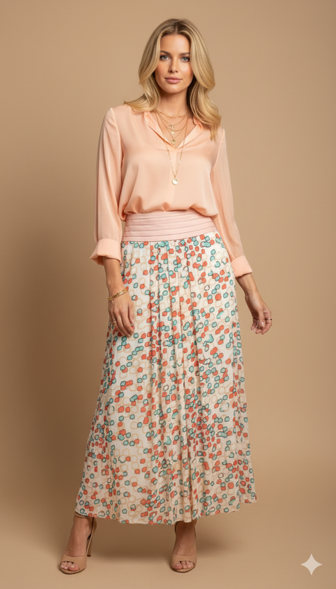 Desenli şifon maksi boy etek